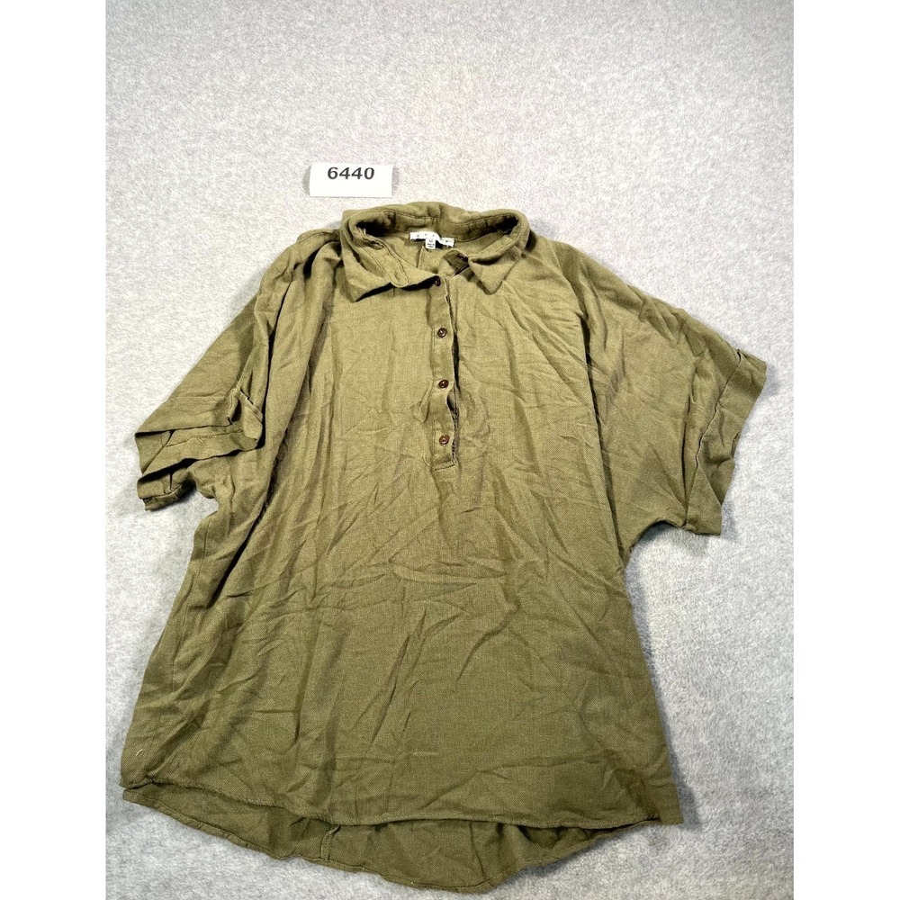 HYFVE Popover Shirt Womens Medium Olive Green Rayon Henley Neck‎ Casual Collared